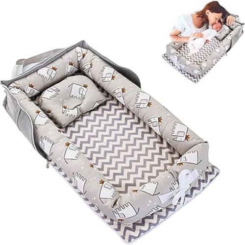 Baby Lounger with Pillow,Baby Lounger for Newborn Portable,Baby Nest Cosleeping for Baby in Bed Adjustable Size & Strong Zipper Lengthen Space to 24 Months(Elephant Grey)