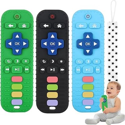 Fu Store 3 Pack Baby Teether Toy Chew Toy for Babies 0-12 Months 6-36 Months TV Remote Control Shape Teething Relief Baby Toys for Infants Learning Developmental Soothe Babies Gums Gifts Set