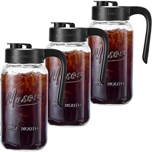 Mason Jar Pitcher - Airtight & Leakproof Glass Pitcher with Lid, Perfect for Breastmilk, Cold Brew, and Sun Tea, 2 Quart (64 oz) Mason Jar with Pour Spout Lid