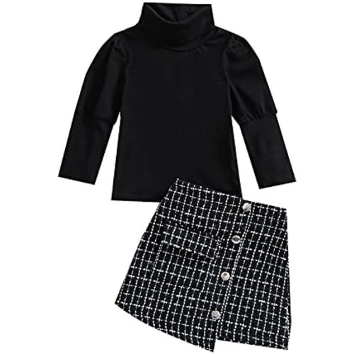 Kupretty Toddler Baby Girl Fall Winter Clothes Turtleneck Solid Knit Pullover Tops Plaid Button Mini Skirts Set Outfits