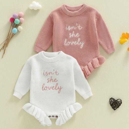 Baby Girl Knit Romper with Ruffles – Long Sleeve “Isn’t She Lovely” Bodysuit Outfit, Infant Girl Clothes, Baby Shower Gift