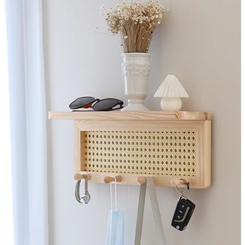 FRIADE PE Rattan Key Holder with 4 Key Hooks,Wall Mounted Decorative Floating Shelf for Entryway,Nursery,Mudroom, Hallway, Office (Burlywood)