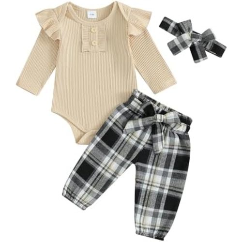 fhutpw Newborn Baby Girl Clothes Infant Rib Frill Long Sleeve Romper Flared Pants Headband Set 3pcs Fall Winter Outfits