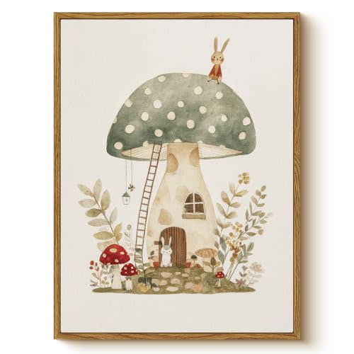 Vintage Framed Nursery Wall Art 12x16 Canvas Print, Cute Bunny Mushroom House Illustration Woodland Forest Theme, Neutral Fairy Tale Kids Room Bedroom Baby Nursery Playroom Farmhouse Home Decor