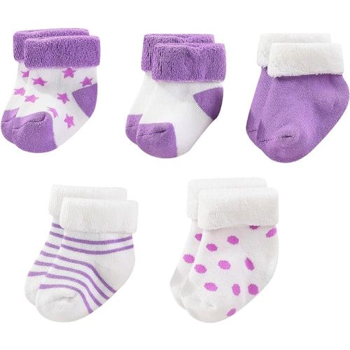 Unisex Baby Terry Socks 5-Pack for Baby boy and girl 0-12 Months Warm Cotton Socks - 0-6 Months - Purple