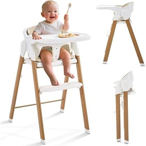 Convertible High Chairs for Babies & Toddlers. 5-in-1 Adjustable High Chair with Removable Tray, Easy to Clean, Portable (White Khaki)