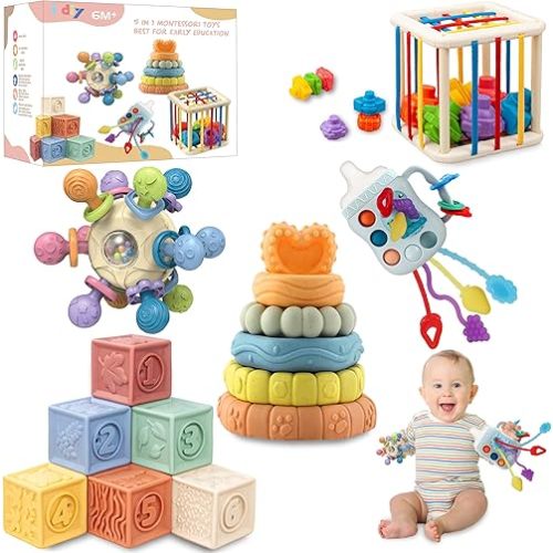 Baby Toys 0-6-12 Months,Montessori Toys for babise 0-6-12-18 Months,Incl Pull String Toy & Shape Sorter & Stacking Baby Block & Manhattan Ball & Baby Blocks,Montessori Baby Toys for 1 + Year