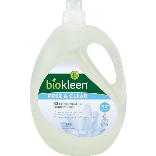 Biokleen Free & Clear Natural Liquid Laundry Detergent, Plant-Based, Unscented, Ultra-Concentrated - 300 Loads - 1.17 Gallon (Pack of 1)
