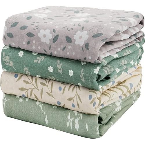 CoolaPeach 4 Set Muslin Swaddle Blankets Receiving Blanket for Newborn Baby | Boys, Girls Cute Soft Print Baby Towel Wrap 120x110cm Baby