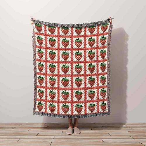 Granny Square Strawberry Blanket Cotton Woven Throw Blanket | Cottagecore Room Decor Idea Gift Coquette Aesthetic Wall Art Tapestry Berries