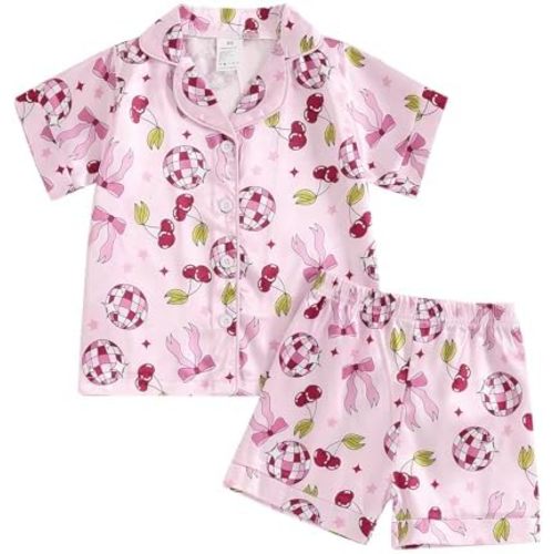 Toddler Baby Girls Summer Silk Pajamas Floral Print Short Sleeve Lapel Button Down Shirt Shorts Kids Satin Sleepwear