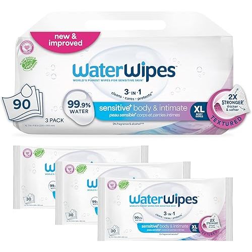 WaterWipes Sensitive+ Body & Intimate Wipes, 3-In-1 Cleans, Cares, Protects, 99.9% Water, Unscented & Hypoallergenic Hygiene Wet Wipes, Adult Care, 90 Wipes (3 Packs)