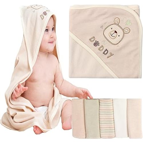 6 Pack 1 Baby Hooded Towel and 5 Washcloths Set, Premium Ultra Soft Reusable Organic Cotton Baby Bath Towel for Newborns, Infants, Toddlers, Unisex Babies' Gifts, Brown 30 x 30 Inch