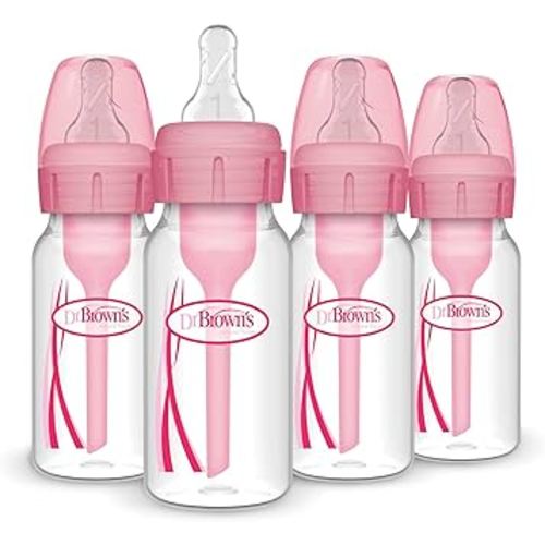 Dr. Brown's Natural Flow Anti-Colic Options+ Narrow Baby Bottle, 4 oz/120 mL, with Level 1 Slow Flow Nipple, Pink, 0m+, 4 Pack