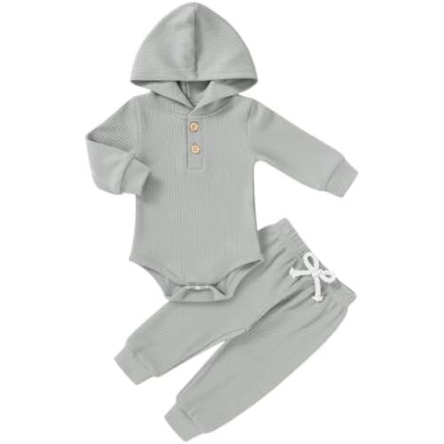 YOUNGER TREE Newborn Baby Boy Girl Clothes Hooded Long Sleeve Romper Pants Set Solid Ribbed Infant Fall Winter Outfits