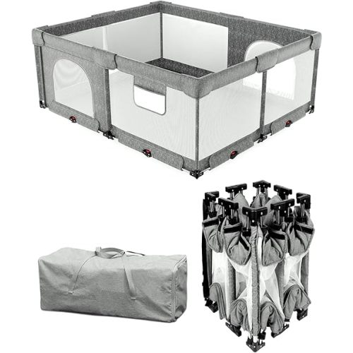Dearlomum Foldable Baby Playpen with Non Removable Thick Mat,Collapsible Playpen for Babies and Toddlers, Extra Large Foldable Playpen for Baby with Gate, Travel Play Pen (Gray 59"×71")