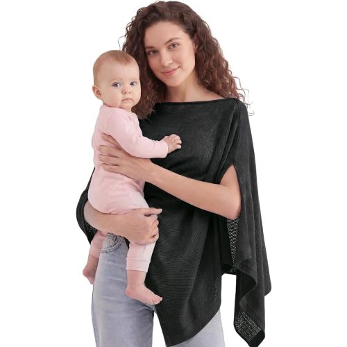 PATPAT Mesh Nursing Cover, Breathable Solid Knit Poncho, Black