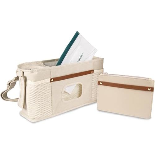 WONDERFOLD Parent Console Stroller Organizer with Insulated Cup Holders, Hook and Loop Closure Handle Attachment, 2 Storage Pockets, and Removable Shoulder Strap for Easy Transport