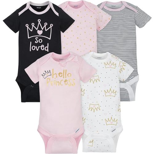 Gerber Baby-Girls 5-Pack Short Sleeve Variety Onesies Bodysuits - 3-6 Months - Princess Crown