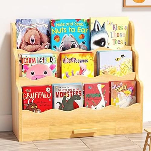 3-Tier Montessori Scalloped Kids Bookshelf, 29.6" Wide Natural Wood Forward Facing Bookcase for Toddlers, Children's Book Display and Organizer for Playroom, Nursery, Bedroom or Classroom