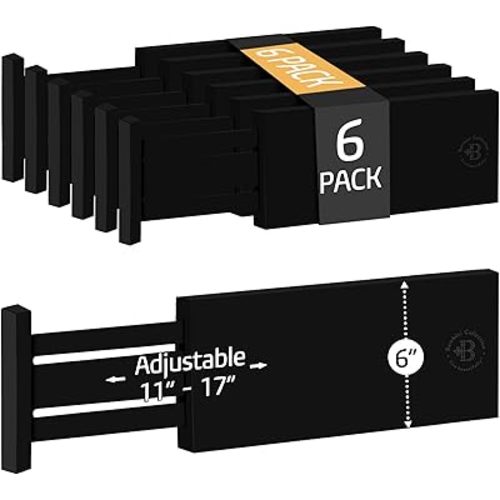 6 Pack Black Drawer Dividers - 6 Inch High for Deep Drawers, Adjustable 11.5 to 17 Inch Expandable Kitchen Drawer Organizer, Spring Loaded Dresser Separator for Clothes, Bedroom, Bathroom, Office
