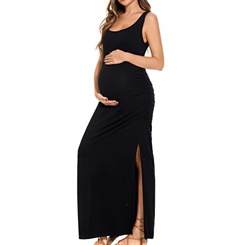 Smallshow Women's Split Long Maternity Dress Sleeveness Ruched Pregnancy Clothes