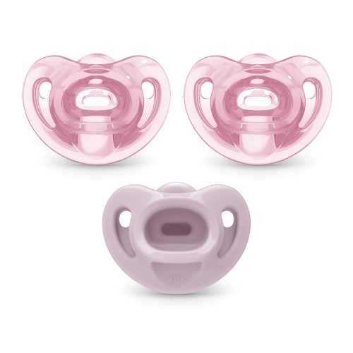 NUK Comfy 100% Medical-Grade Silicone Orthodontic Pacifiers, Pink/Purple, 0-6 Months, BPA-Free, 3-Pack