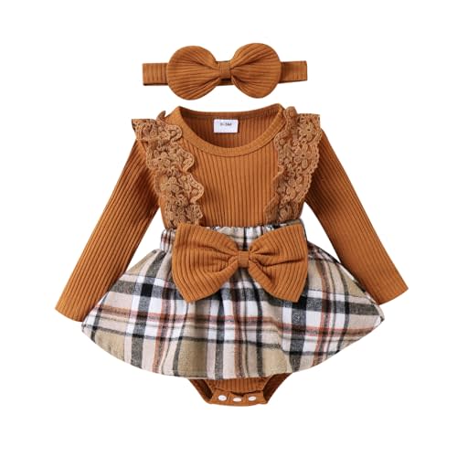 KAFIREN Baby Girl Clothes Fall Winter Outfit Plaid Romper Long Sleeve Dress Lace Ruffles Bodysuit with Bow Headband