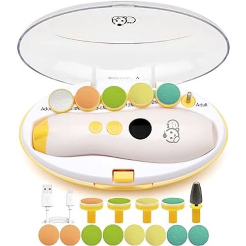 Rechargeable 22 in 1 Baby Nail Trimmer, Usage Labeled Case, 13 Extra Replacement Tools, Royal Angels Electric Nail File with LCD Display, Newborn Toddler Nail Care Clipper Kit (Rechargeable, Mango)