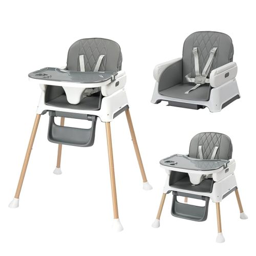 JOYMOR 5 in 1 Baby High Chair for Babies and Toddlers, Portable Highchair Fold Compact, ConvertibleBaby Feeding Chair Booster for Eating with Detachable Double Tray, 5 Point Harness (Gray)