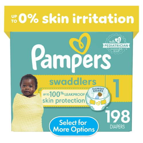 Pampers Swaddlers Size 1 Diapers, 198 Count with Blowout Barrier and Leak-Guard