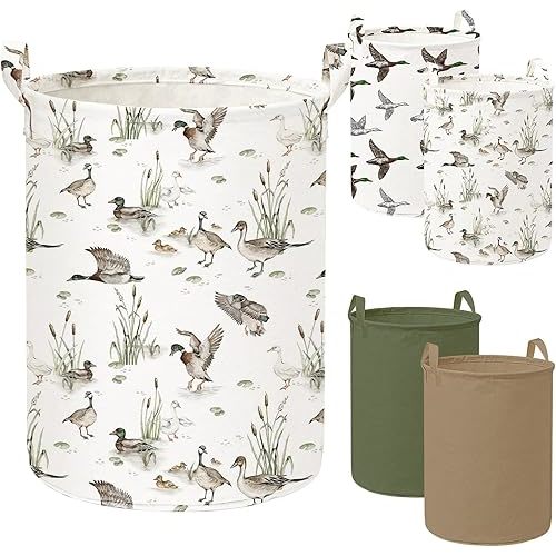 Weysat 4 Pcs Mallard Duck Laundry Basket Round Laundry Hamper Waterproof Collapsible Toy Clothes Storage Bin Organizer with Handles for Home Closets Offices Bedrooms Nursery Room Decor