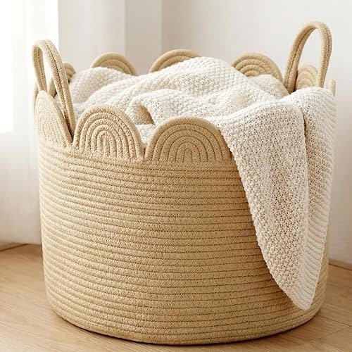 LemonRoad Brown Rope Basket Scalloped Woven Baskets 15.8"L x 15.8"w X13.8"h Cotton Storage Round Basket for Nursery Classroom Closet Blankets Storage Home Decor