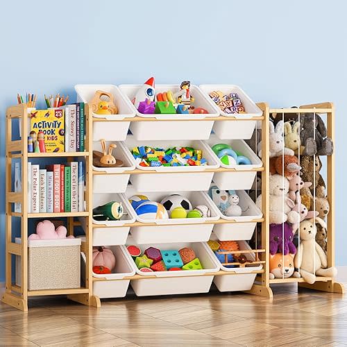 Toy Storage Organizer with Bookshelf and Stuffed Animal Storage - Kids Playroom Organization with Shelves and 12 Toy Bins - Toddler Living Room Toy Box for Lego - Nursery Bedroom Decor Essentials