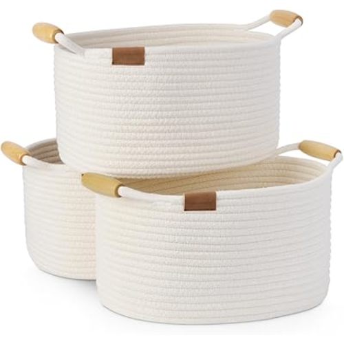 StorageWorks Woven Basket, Cotton Rope Basket for Organizing, 13 inch Rope Storage Basket, Cute Small Woven Basket with Wooden Handles, Decorative Woven Storage Basket, White, 3-Pack