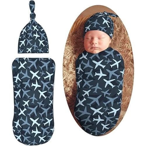 KiuLoam Camouflage Blue Jets Airplanes Newborn Swaddle Set with Matching Hat, Newborn Receiving Blanket Soft Unisex Infant Swaddle Wrap for Baby Boys and Girls