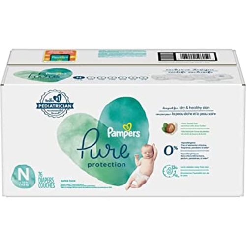 Diapers Size 0/Newborn, 76 Count - Pampers Pure Protection Disposable Baby Diapers, Hypoallergenic and Unscented Protection, Super Pack (Packaging & Prints May Vary)