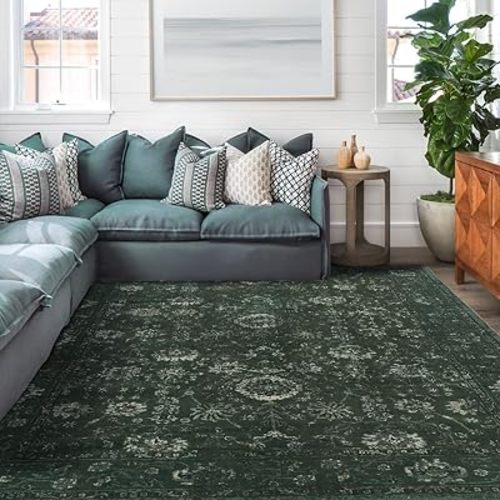 Dark Green Floral Area Rug 5x7,Washable Boho Rugs for Bedroom Living Room,Super Soft Dining Room Carpet Upgraded Anti-Slip Backing Rug for Farmhouse Kids Playroom,Dark Green and Cream