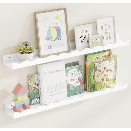 Fun Memories Picture Ledge Shelf for Wall, 36 inch Pine Wood Nursery Book Shelves Set of 2- Wall Book Shelves for Kids Room, Home Decor - Kitchen Spice-Natural