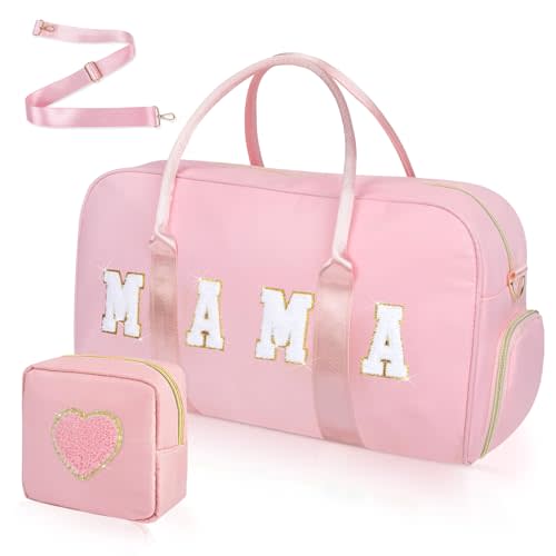 Mama Hospital Bag for Women Labor and Delivery Nylon Chenille Letter Embroidered Duffle Overnight Weekender Bag with Shoes Compartment and Mothers Day Gifts Pink