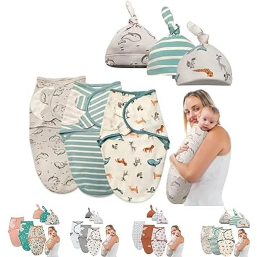 Baby Swaddles with Hats for Newborn Boys and Girls - 3 Pack Organic Cotton Easy Adjustable Swaddle Blanket - Infant Cozy Sleep Sack Baby Swaddle - Lovely Grey Print