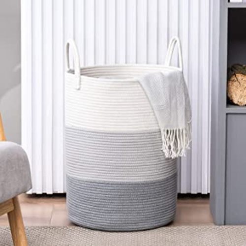 Cotton Rope Laundry Hamper by YOUDENOVA, 58L - Woven Collapsible Laundry Basket - Clothes Storage Basket for Blankets, Laundry Room Organizing, Bedroom Storage, Clothes Hamper – Light Grey