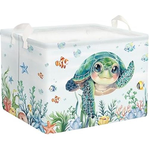 Clastyle Large Fish Sea Turtle Baby Basket Ocean Coral Seaweed Starfish Toy Book Shelf Basket Waterproof Pool Toy Beach Towel Storage Bin Collapsible Dirty Clothes Hamper, Blue, 40*30*30 cm