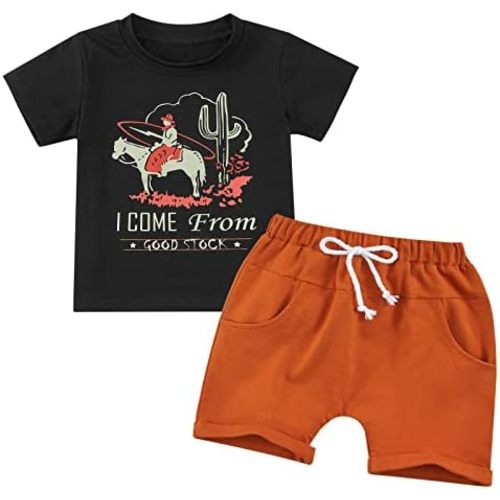Infant Baby Boy Summer Clothes Western Toddler Boy Outfit Cow Print Short Sleeve T Shirt Tops Solid Shorts Set