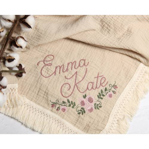 Personalized Embroidered Baby Muslin Swaddle Blanket with Name and Rose Floral Design, Organic Cotton baby swaddle, Custom Boho Baby Gift