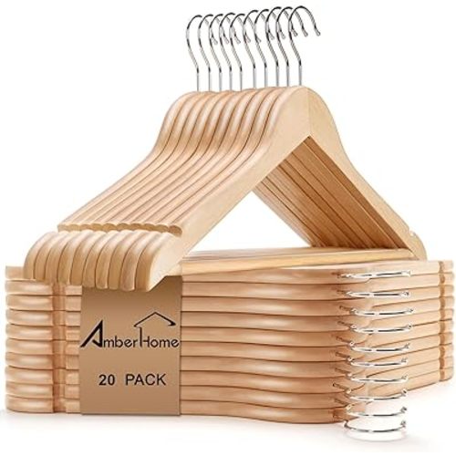 Amber Home 20 Pack Wooden Coat Hangers, Natural Wood Suit Hangers with Non-Slip Pant Bar, Clothes Hangers for Closet Organization, Shirts, Jackets, Dresses, and Pants (Natural, 20)