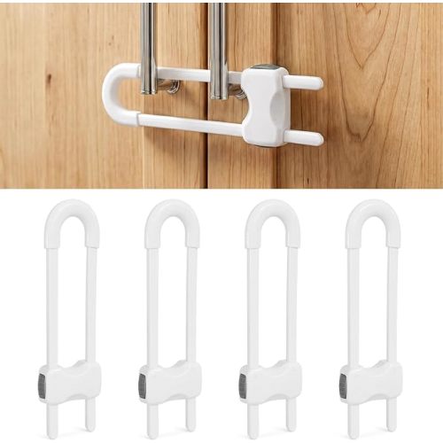 SKYLA HOMES Child Safety Sliding Cabinet Locks, White, 4 Pack, 6 Inch | Adjustable U-shaped ABS locks fit cabinet handles and knobs; tool-free use in kitchens and bathrooms