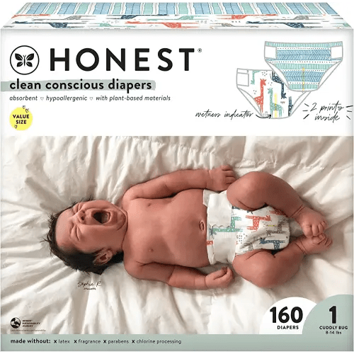 The Honest Company Clean Conscious Diapers | Plant-Based, Sustainable | Dots & Dashes + Multi-Colored Giraffes | Super Club Box, Size 1 (8-14 lbs), 160 Count