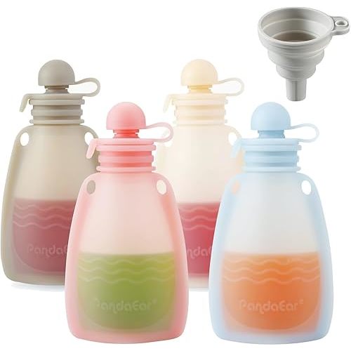 PandaEar Reusable Silicone Baby Food Pouches, 4 Pack Squeeze Pouches for Toddler Kids, BPA-Free Silicone Refillable Baby Food Storage, 5.5 oz