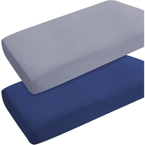 Pack and Play Sheets Boy Girl, 2 Pack Portable Playard Sheet Fits for Graco Pack N Play, Snug Fit Breathable Soft Fitted Playpen Sheet, Mini Crib Sheets, Grey & Navy
